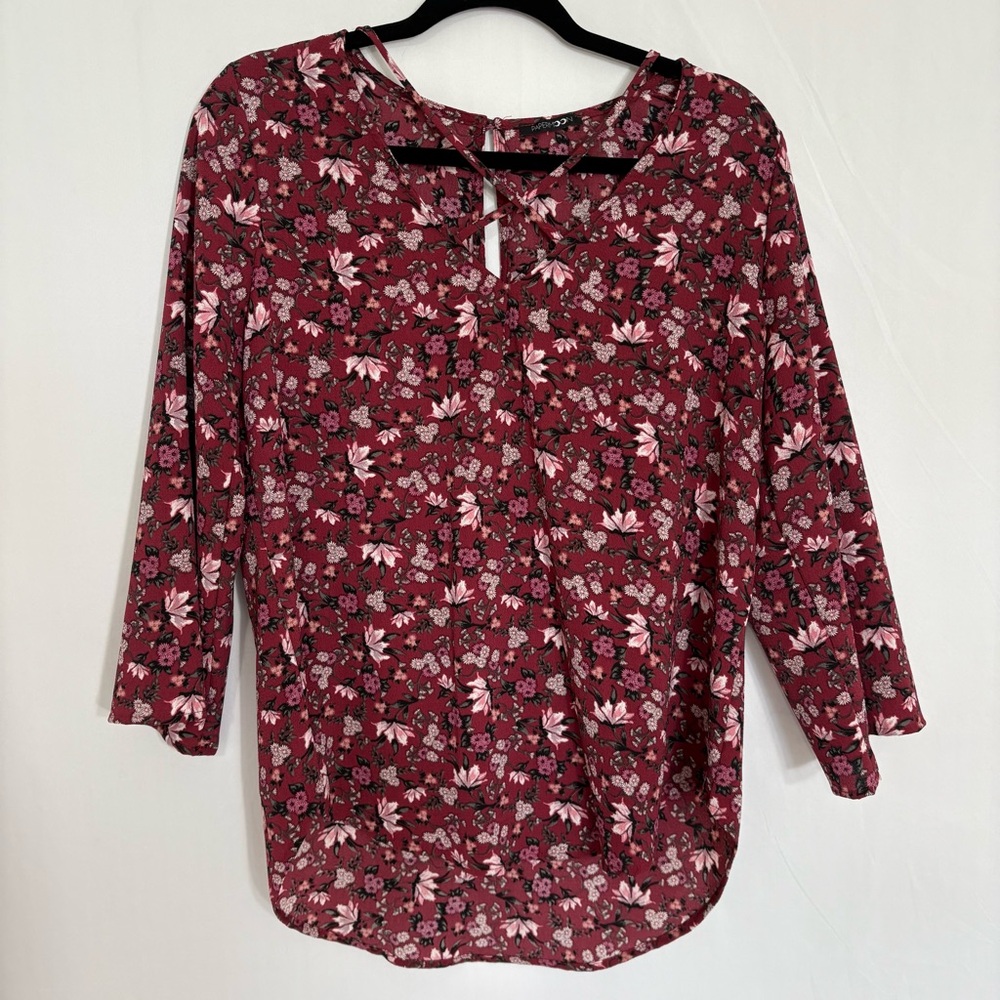 Papermoon Women's Floral 3/4‎ Sleeve V-Neck Blouse Burgundy Red